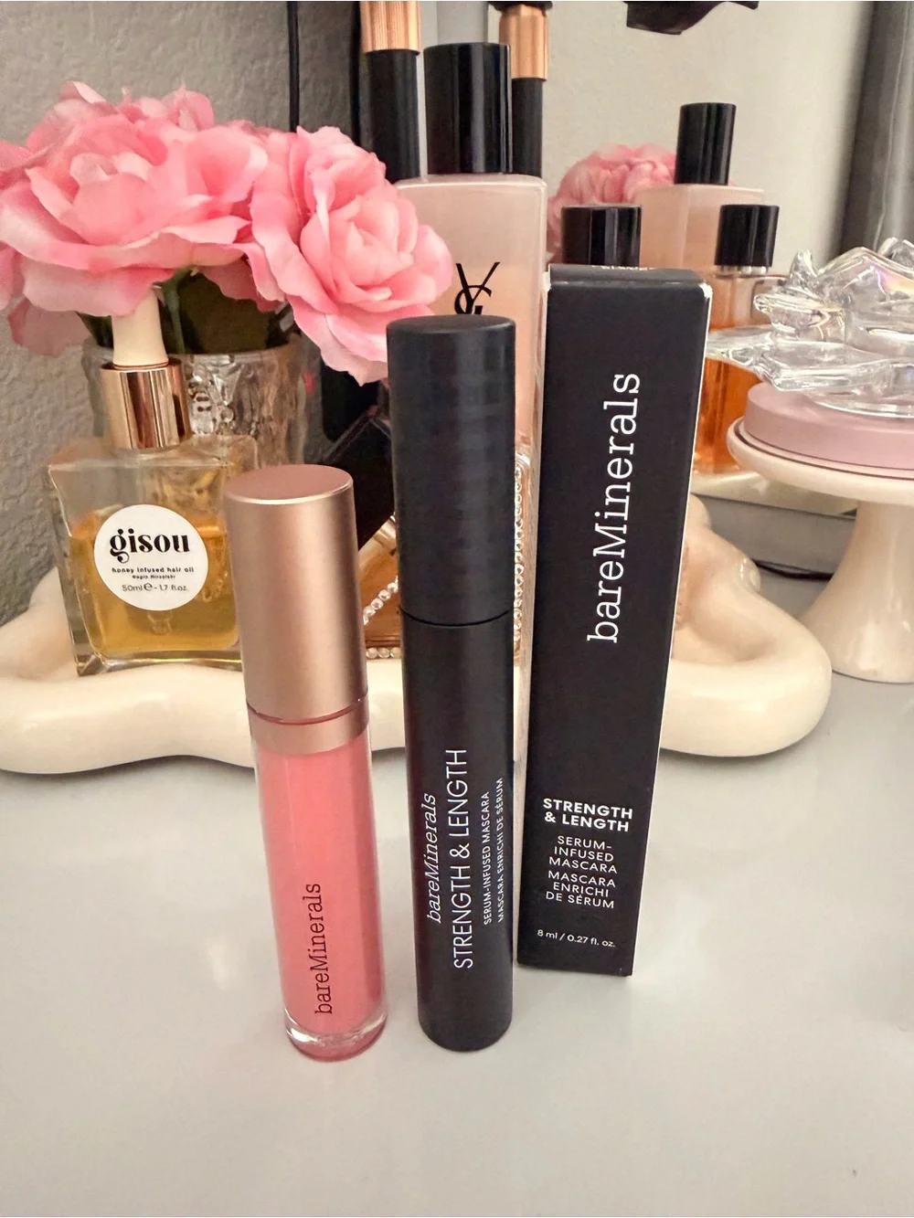 NEW Bundle bareMinerals Pink Lip Gloss & Black Strength & Length Mascara Duo